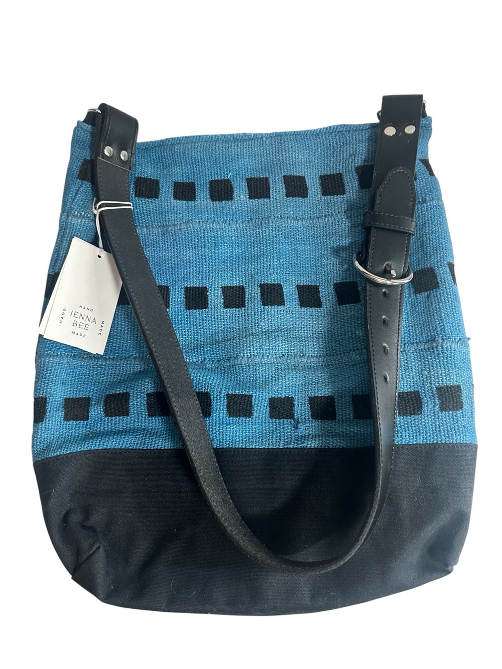 JENNA BEE Blue Woven & Black & Indigo  Leather Strap Tote sold out handmade